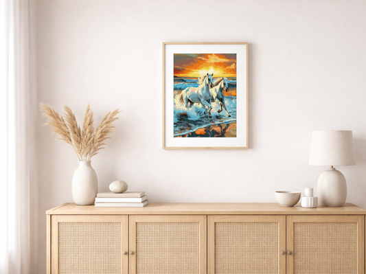 Paint by Numbers Set “Two white horses in shallow ocean” – 40x50 cm – 36 colors