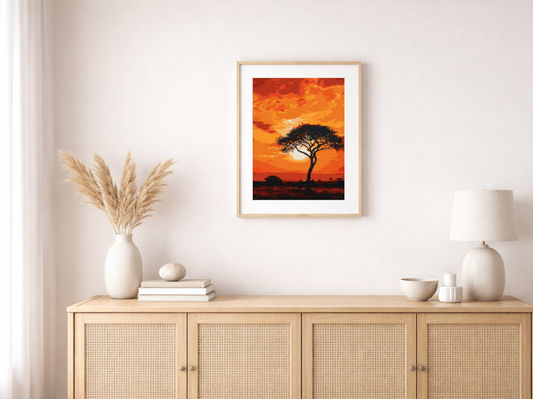 Paint by Numbers Set “Orange Sun Setting Acacia Silhouette” – 30x40 cm – 24 Colors