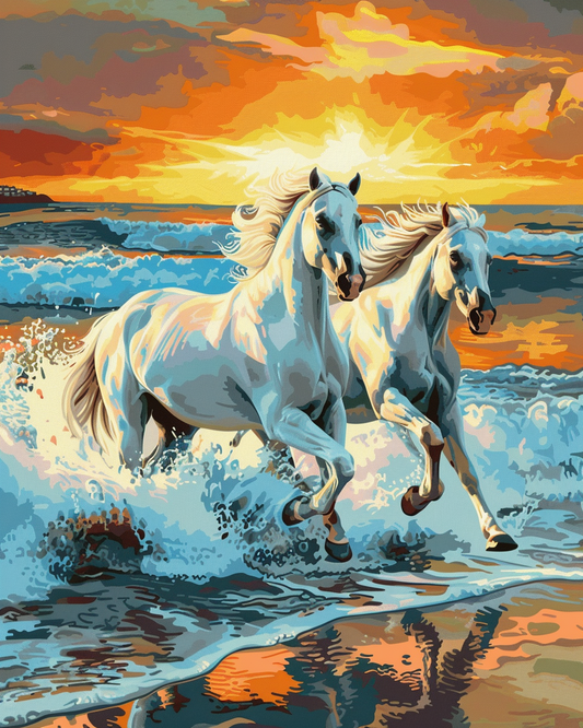 Paint by Numbers Set “Two white horses in shallow ocean” – 40x50 cm – 36 colors
