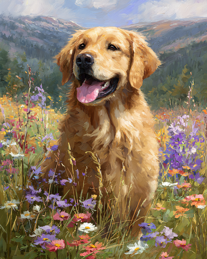 Paint by numbers – Golden Retriever in a flower meadow