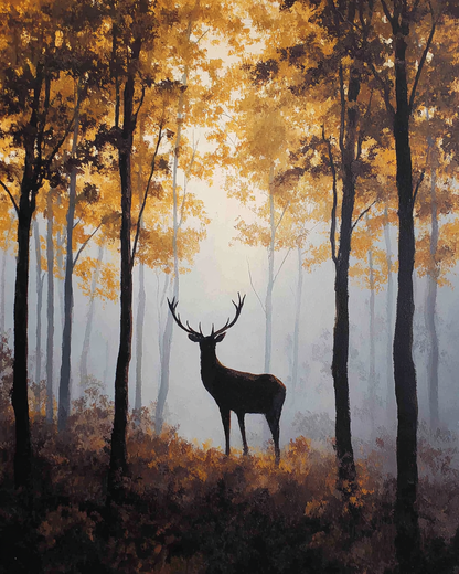 Malen nach Zahlen – large stag with antlers standing in a misty autumn forest