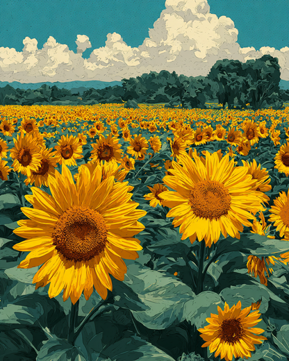 Malen nach Zahlen Motiv Sonnenblumenfeld – Set 40x50 cm mit 36 Farben (Pictumira)