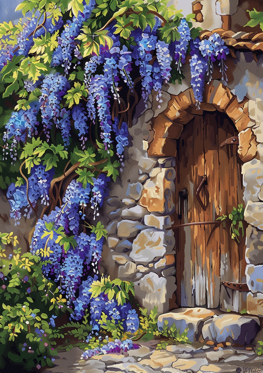 Blauregen an rustikaler Steinwand – Malen nach Zahlen