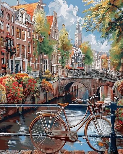 Paint by Numbers Set “Amsterdam Canal with Bicycle” – 40x50 cm – 36 Colors