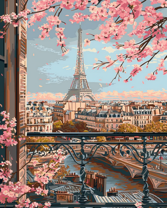 Paint by Numbers Set “Eiffel Tower with Pink Cherry Blossoms” – 40x50 cm – 36 Colors