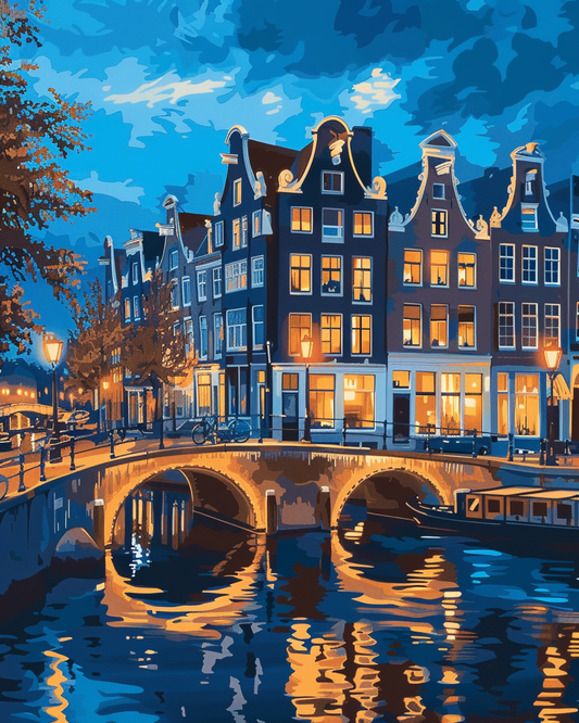 Paint by Numbers Set “Amsterdam Canal with Illuminated House” – 40x50 cm – 36 Colors