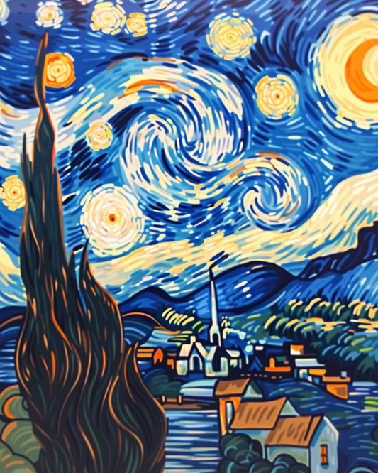 Paint by Numbers Set “Starry Night featuring cypress tree” – 40x50 cm – 36 colors
