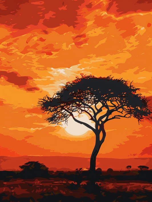 Paint by Numbers Set “Orange Sun Setting Acacia Silhouette” – 30x40 cm – 24 Colors