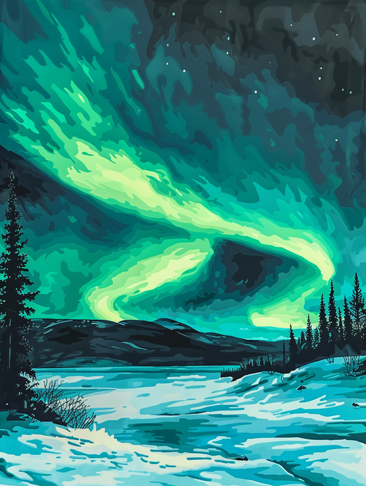 Paint by Numbers Set “Simple Green Aurora Borealis Waves” – 30x40 cm – 24 Colors