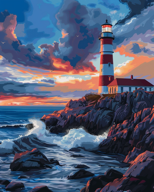 Paint by Numbers Set “Red and White Lighthouse Rocky Shore” – 40x50 cm – 36 Colors