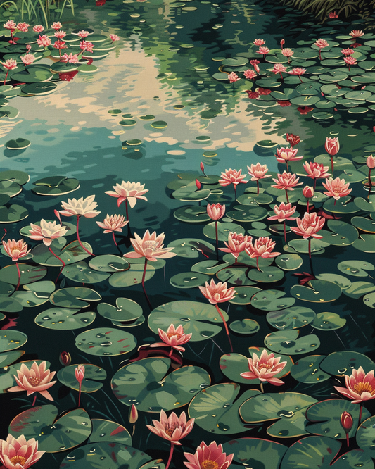 Paint by Numbers Set “Calm pond surface with pink water lilies” – 40x50 cm – 36 colors