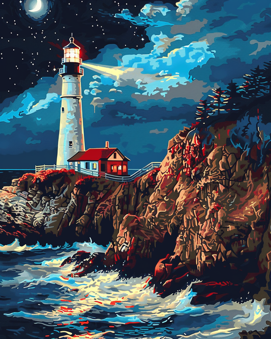 Paint by Numbers Set “Red and White Lighthouse on Cliff” – 40x50 cm – 36 Colors