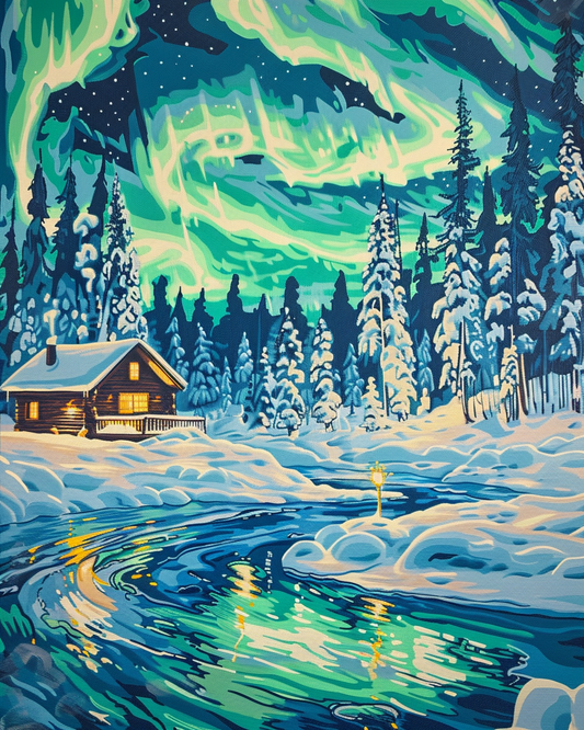 Paint by Numbers Set “Green Aurora Borealis over snowy forest” – 40x50 cm – 36 colors