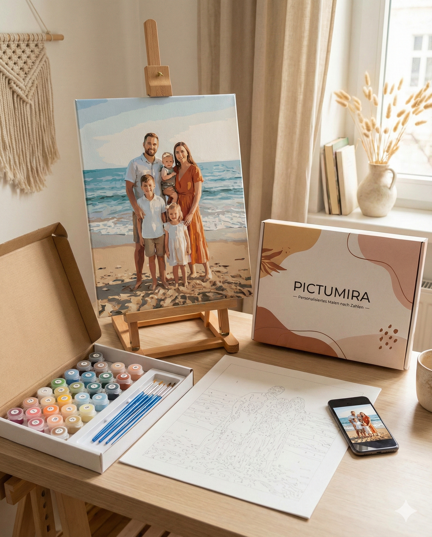Personalisiertes Malen nach Zahlen Set von Pictumira: Ein Familienfoto als DIY-Leinwand mit Farbtöpfen und Pinseln auf einem hellen Holztisch.