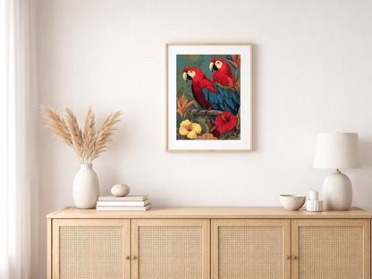 Paint by numbers – Colorful parrots on a branch