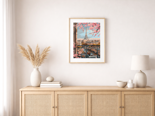 Paint by Numbers Set “Eiffel Tower with Pink Cherry Blossoms” – 40x50 cm – 36 Colors