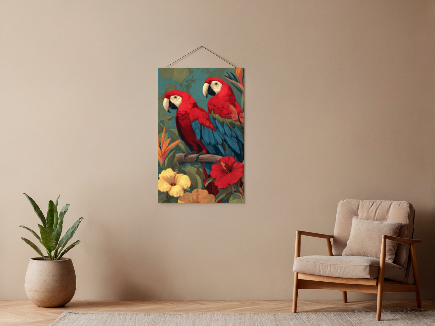 Paint by numbers – Colorful parrots on a branch
