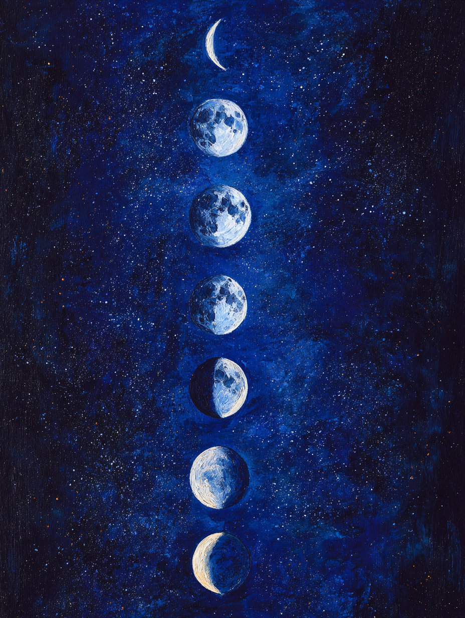 Paint by numbers – different phases of the moon in a vertical line